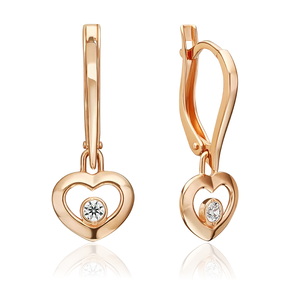 Серьги «Сердца» с английским замком из красного золота с фианитом 02-5615-00-401-1110
