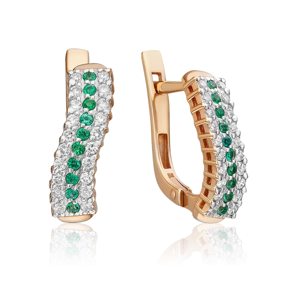 Серьги с английским замком из красного золота с бриллиантами и изумрудами 02-0886-00-106-1110-30