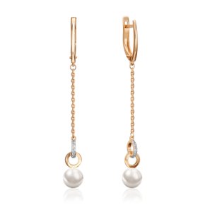 Серьги с английским замком из красного золота с жемчугом культивированным и фианитами 02-5606-00-302-1110