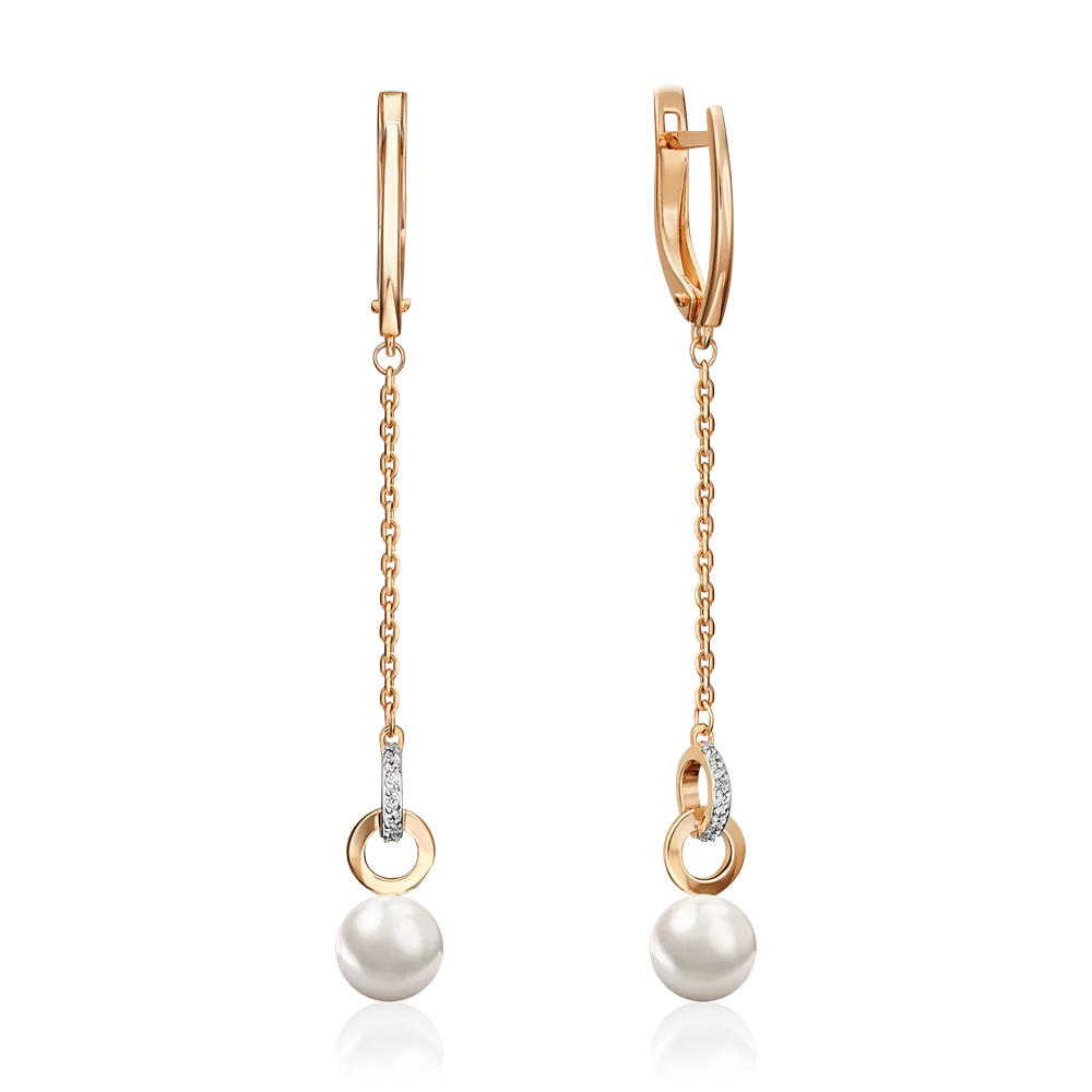 Серьги с английским замком из красного золота с жемчугом культивированным и фианитами 02-5606-00-302-1110