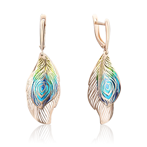 Серьги «Перья павлина» с английским замком из красного золота с эмалью 02-3790-00-000-1110-48