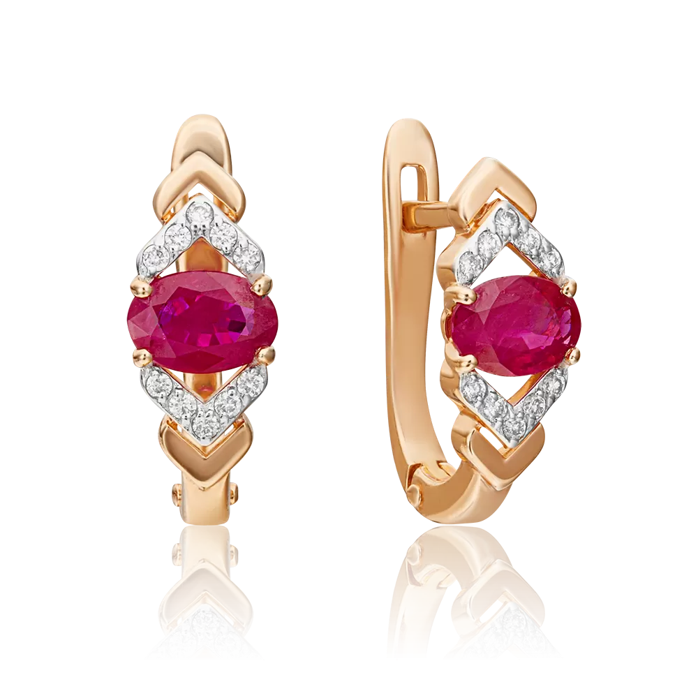 Серьги с английским замком из красного золота с рубином и бриллиантами 02-0703-00-107-1110-30