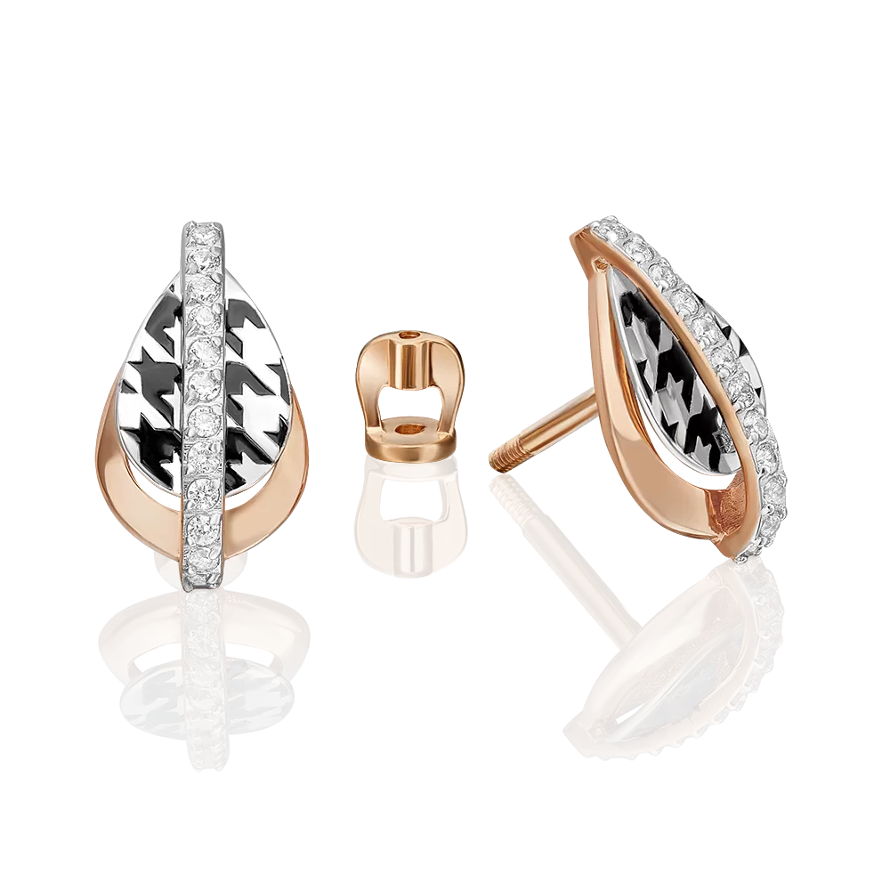 Серьги с принтом «Гусиная лапка» из комбинированного золота с фианитами и эмалью 02-5202-00-401-1111