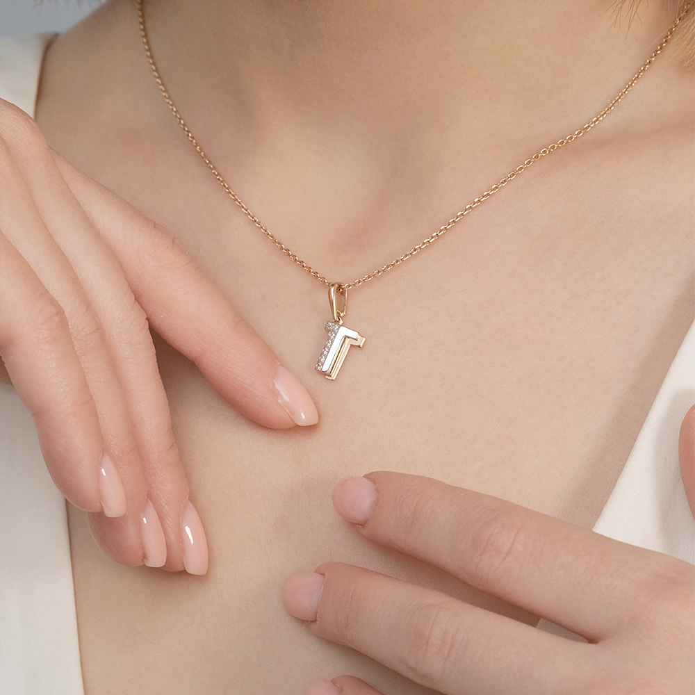 Подвеска «Буква Т» из комбинированного золота с фианитами 03-3418-Т-401-1111