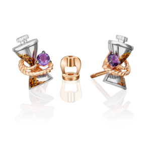 Серьги-пусеты «Мудрость жизни» из комбинированного золота с аметистом и эмалью 02-4873-00-203-1111
