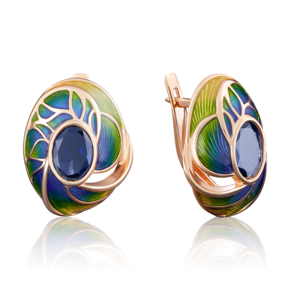 Серьги «Павлиний глаз» с английским замком из красного золота с корундом синт. и эмалью 02-3801-00-293-1110-46