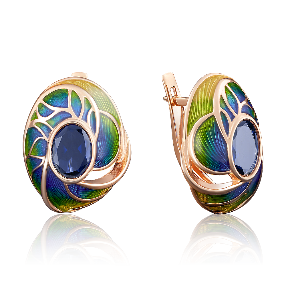 Серьги «Павлиний глаз» с английским замком из красного золота с корундом синт. и эмалью 02-3801-00-293-1110-46