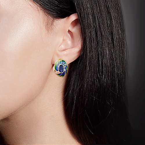 Серьги «Павлиний глаз» с английским замком из красного золота с корундом синт. и эмалью 02-3801-00-293-1110-46