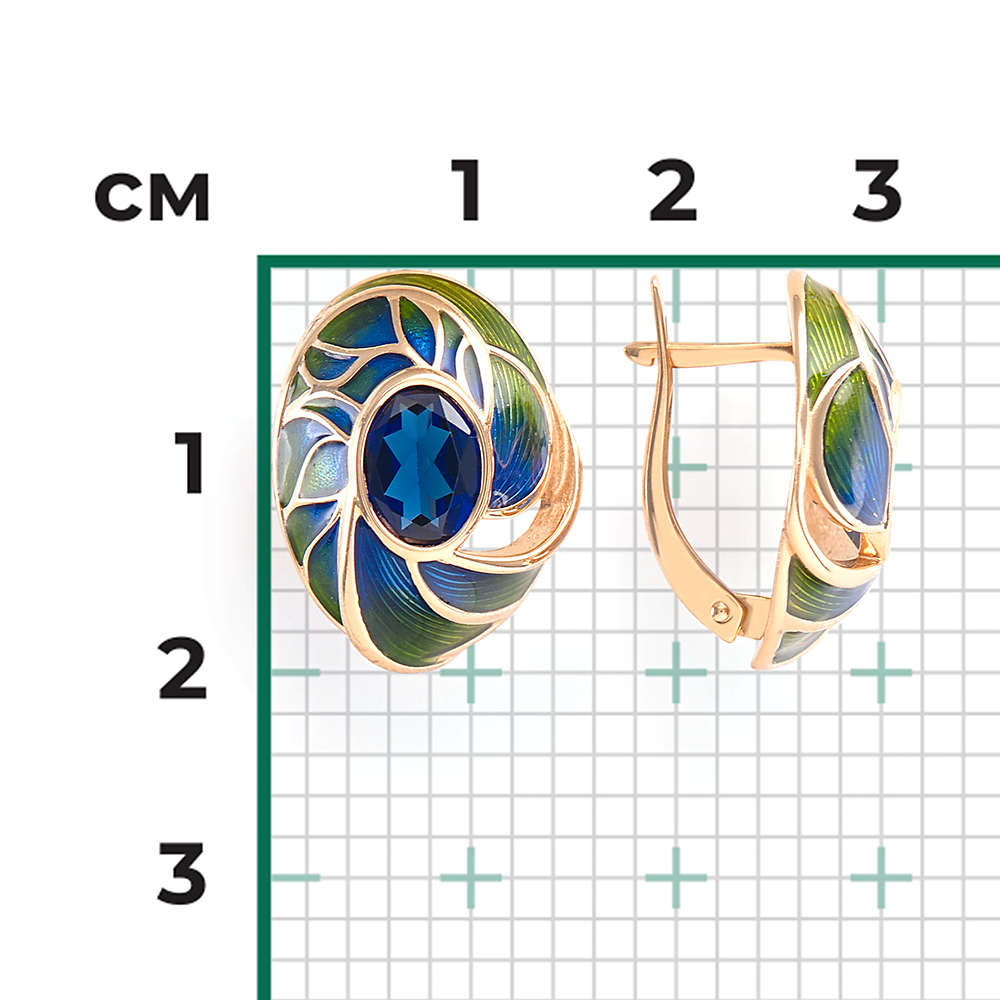 Серьги «Павлиний глаз» с английским замком из красного золота с корундом синт. и эмалью 02-3801-00-293-1110-46