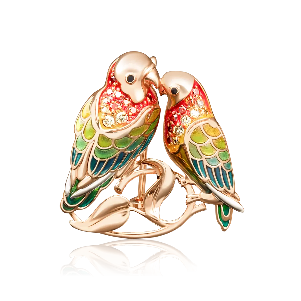 Брошь «Неразлучники» из красного золота с фианитами и эмалью 04-0157-00-404-1110-48