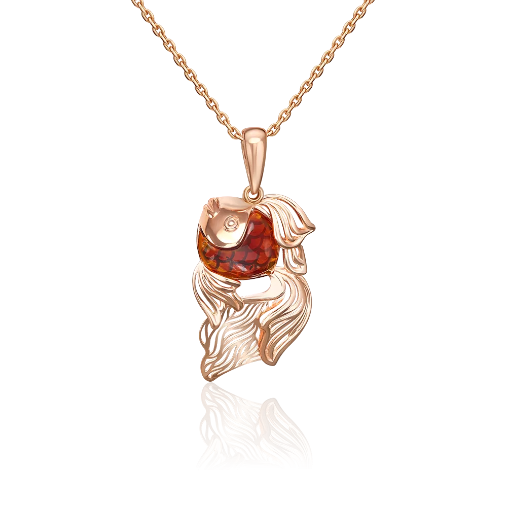 Подвеска «Рыбка» из красного золота с янтарём 03-2608-00-271-1110-46