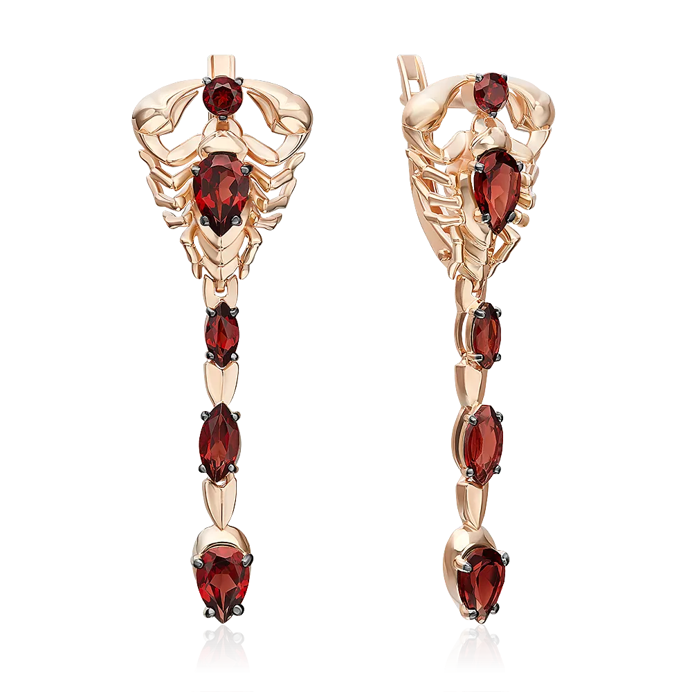 Серьги «Скорпионы» с английским замком из красного золота с гранатами 02-5294-00-204-1110