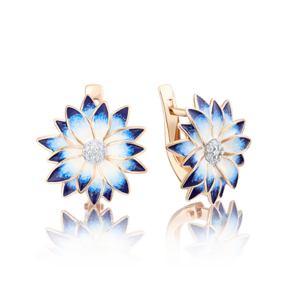 Серьги «Хризантемы» с английским замком из красного золота с фианитами и эмалью 02-3622-01-401-1110-25