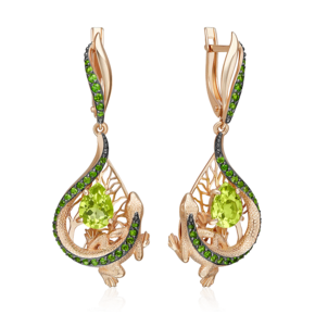 Серьги «Зелёные ящерицы» с английским замком из красного золота с хризолитом и хромдиопсидами 02-5295-00-726-1110