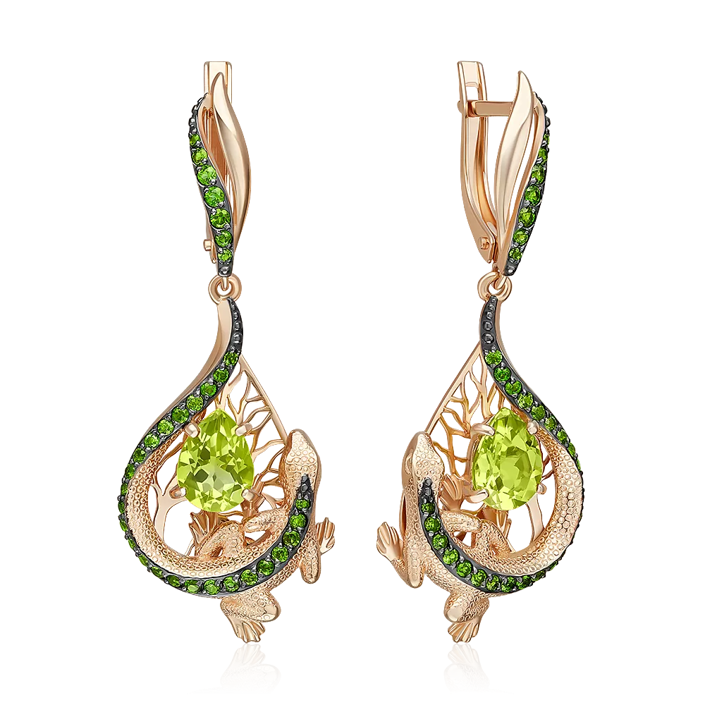 Серьги «Зелёные ящерицы» с английским замком из красного золота с хризолитом и хромдиопсидами 02-5295-00-726-1110