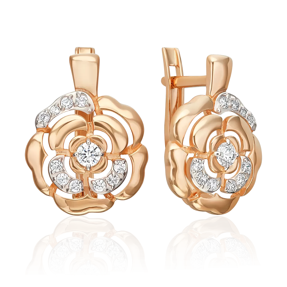 Серьги «Камелии» с английским замком из красного золота с фианитами 02-5528-00-401-1110
