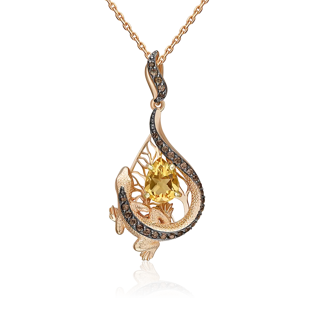 Подвеска «Золотистая ящерица» из красного золота с цитрином и кварцем дымчатым 03-3498-00-226-1110