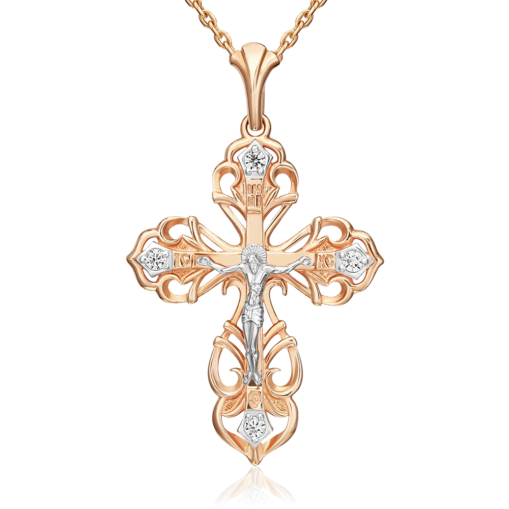 Православный крест из комбинированного золота с фианитами 03-1020-00-401-1111-03