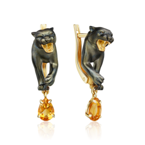Серьги «Чёрные пантеры» с английским замком из лимонного золота с цитрином 02-5297-00-206-1130