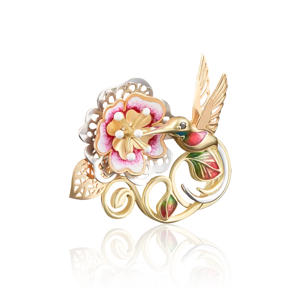 Брошь «Колибри» из лимонного золота с фианитом и эмалью 04-0159-01-402-1130-48