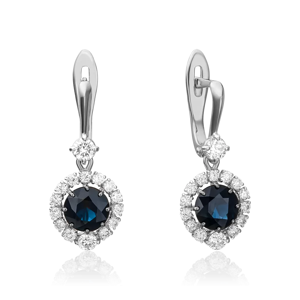 Серьги с английским замком из белого золота с сапфиром и бриллиантами 02-0807-00-105-1120-30