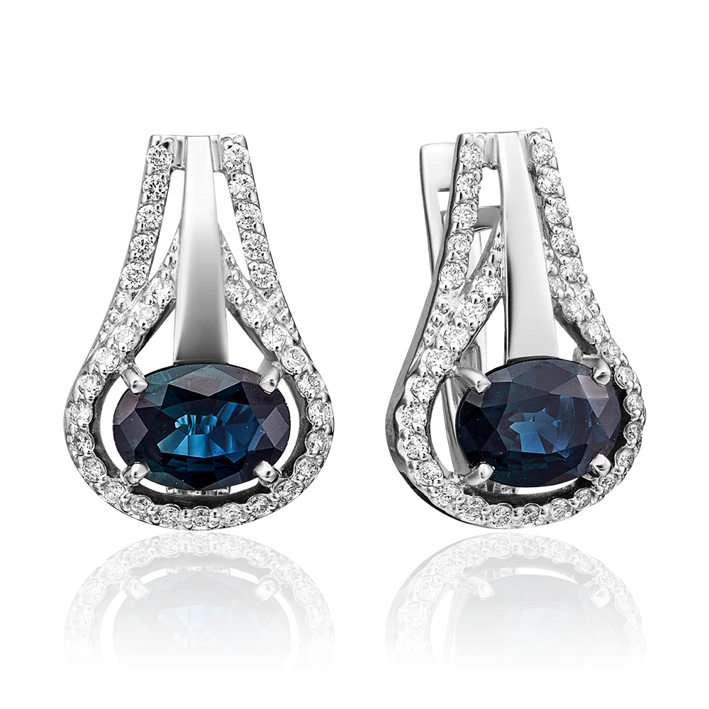 Серьги с английским замком из белого золота с сапфиром и бриллиантами 02-0726-00-105-1120-30