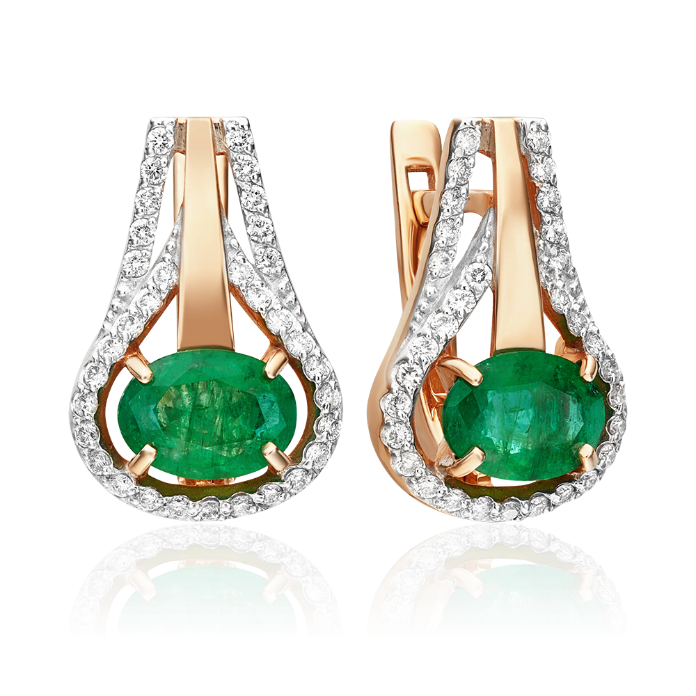 Серьги с английским замком из красного золота с изумрудом и бриллиантами 02-0725-00-106-1110-30