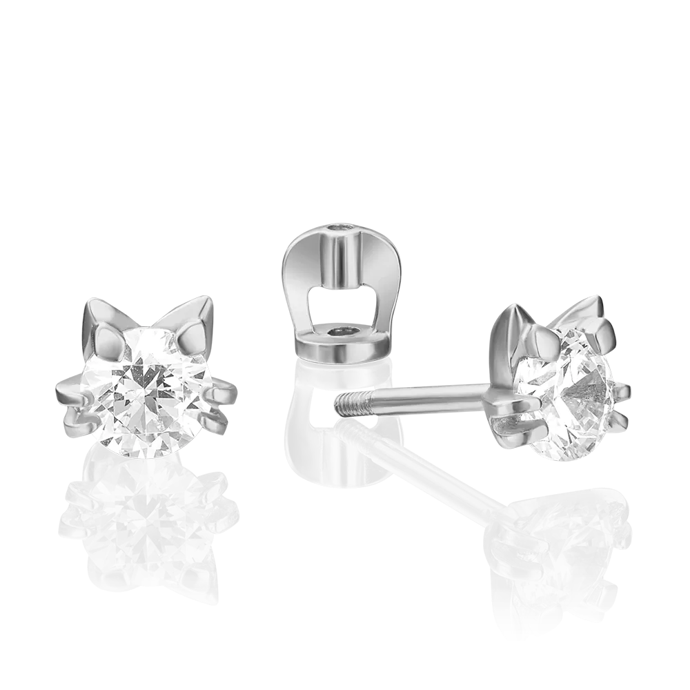 Серьги-пусеты «Мяу!» из белого золота с фианитом 02-4308-00-501-1120-38