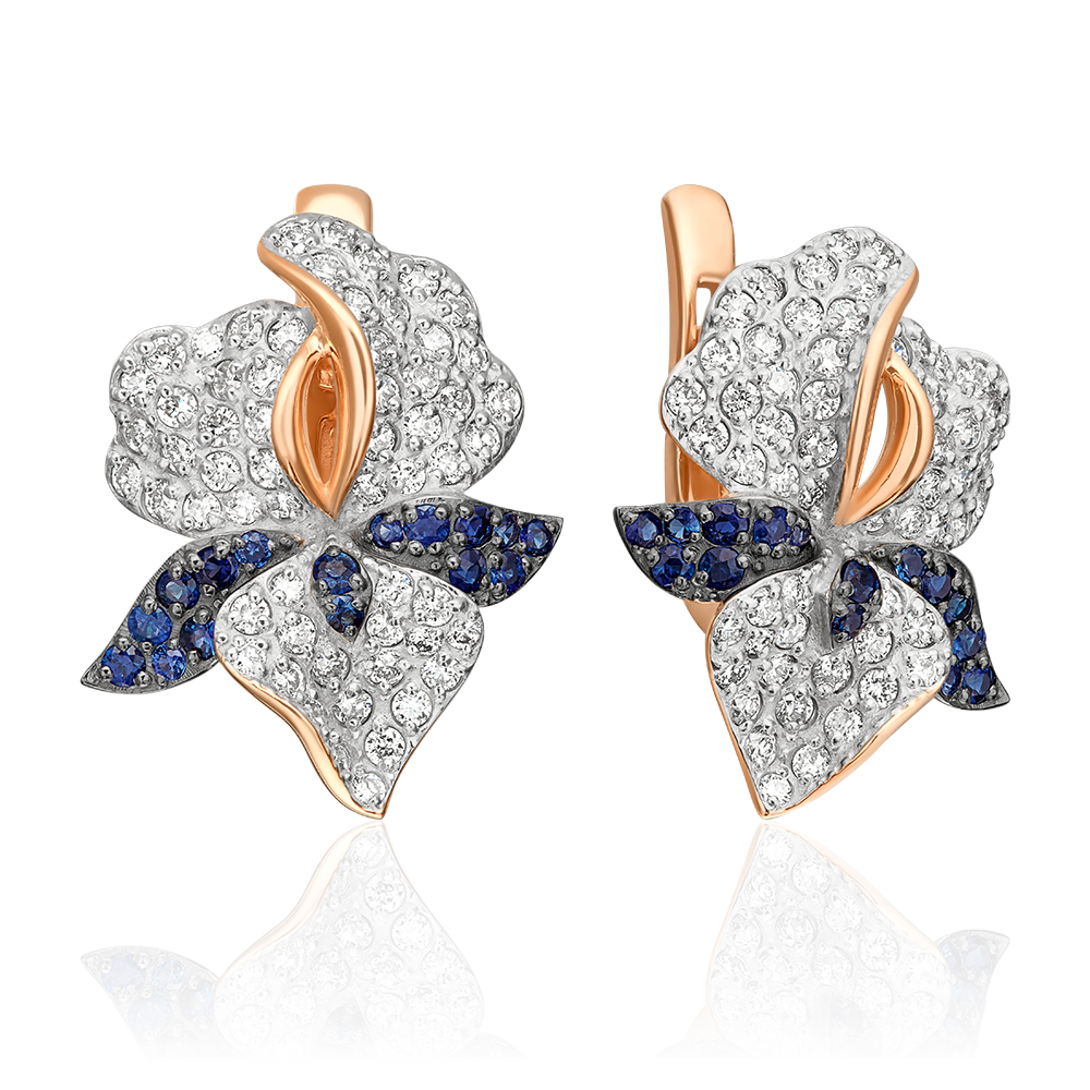 Серьги «Ирисы» с английским замком из красного золота с бриллиантами и сапфирами 02-0781-01-105-1110