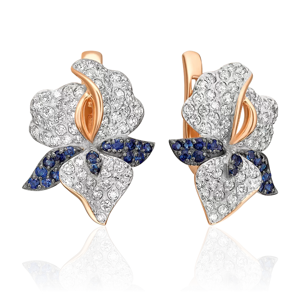 Серьги «Ирисы» с английским замком из красного золота с бриллиантами и сапфирами 02-0781-01-105-1110