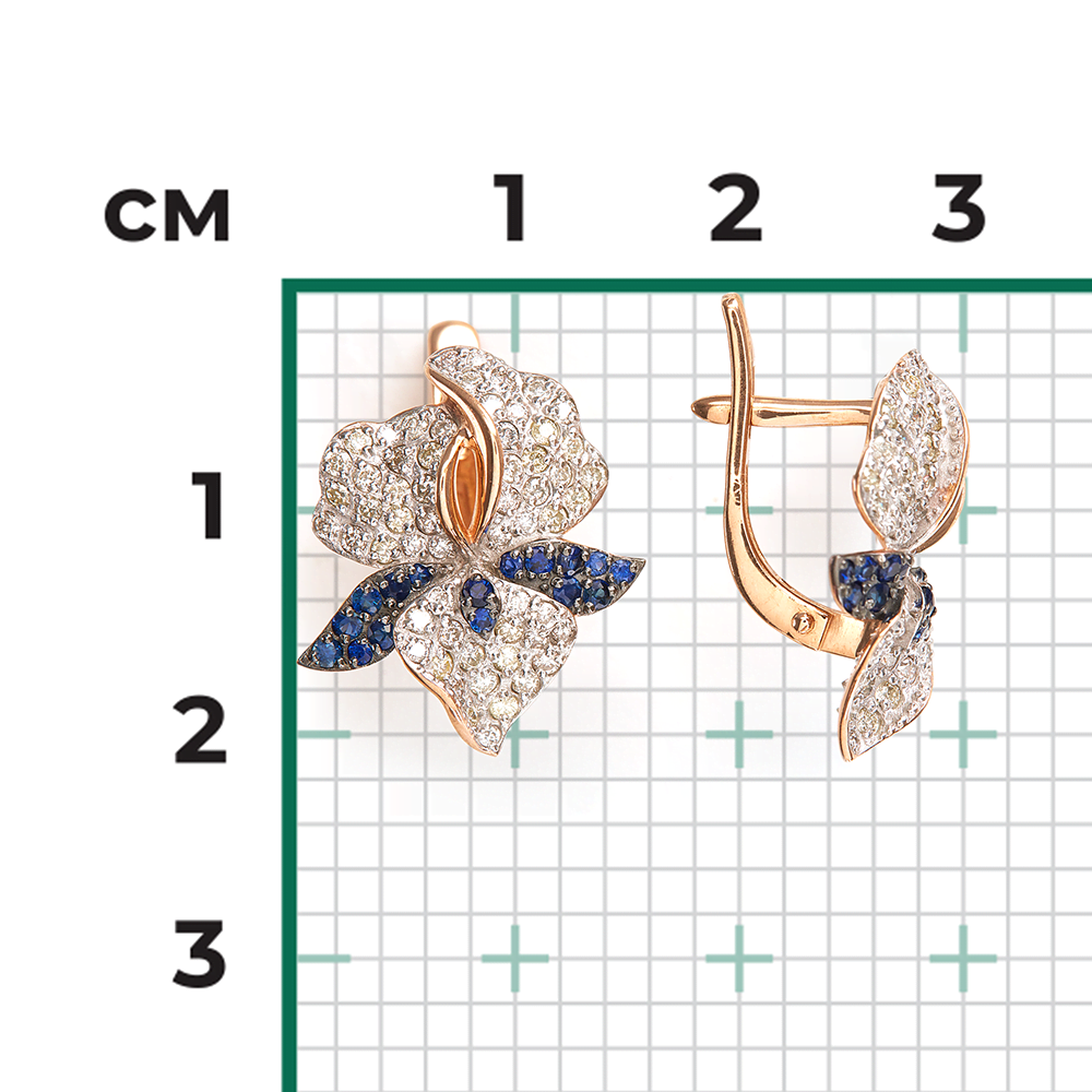 Серьги «Ирисы» с английским замком из красного золота с бриллиантами и сапфирами 02-0781-01-105-1110