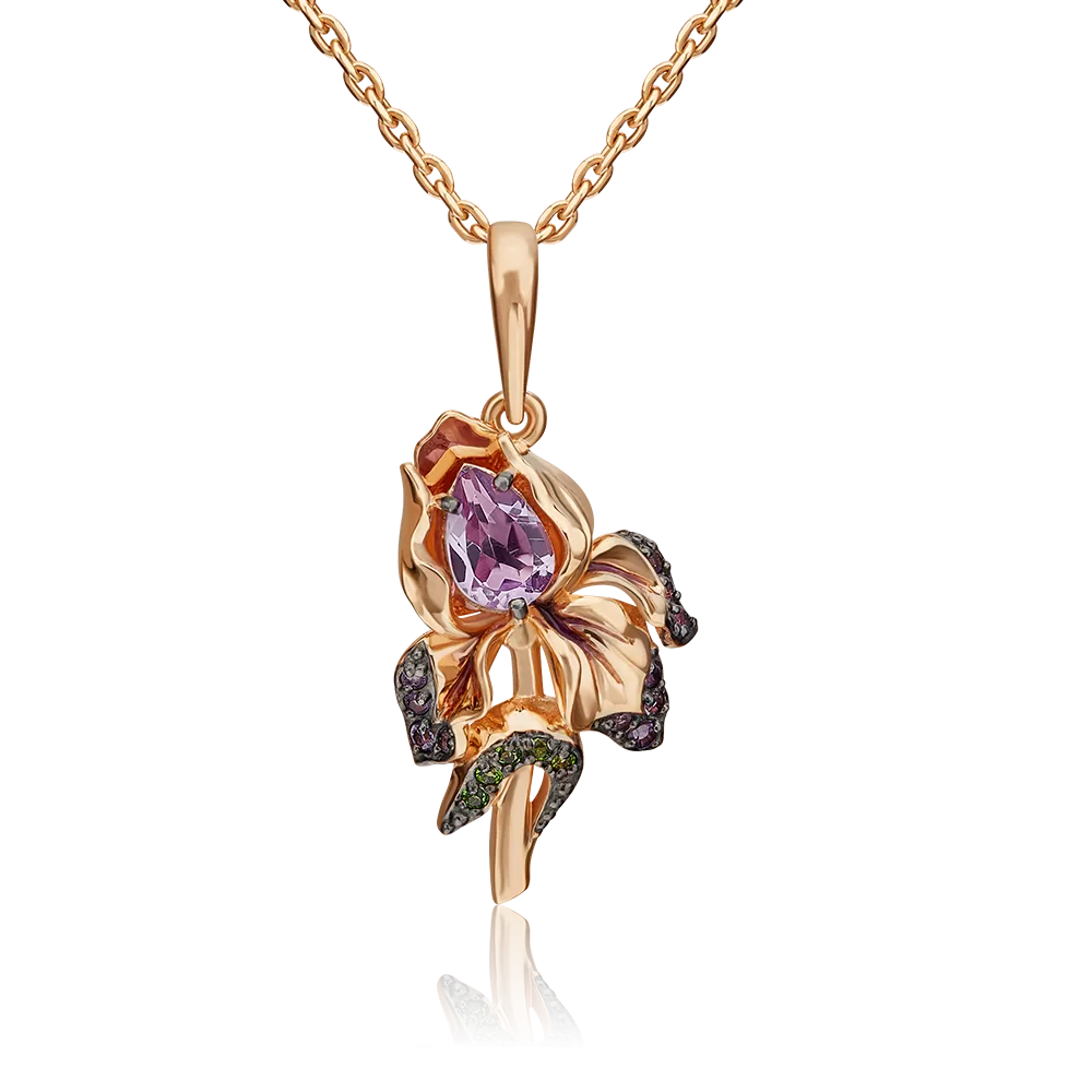 Подвеска «Ирис» из красного золота с аметистами, хромдиопсидами и эмалью 03-3151-00-709-1110-57