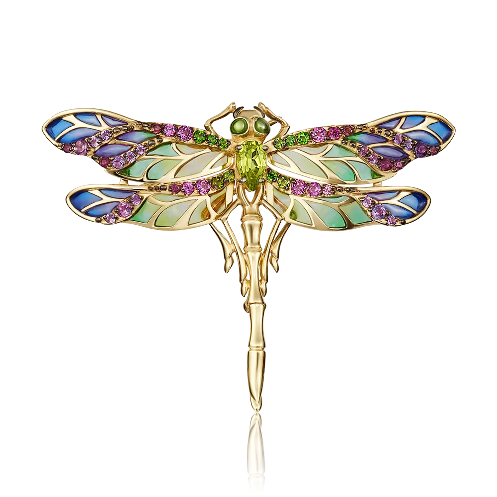 Брошь «Стрекоза» из лимонного золота с миксом камней и эмалью 04-0207-00-711-1130-57