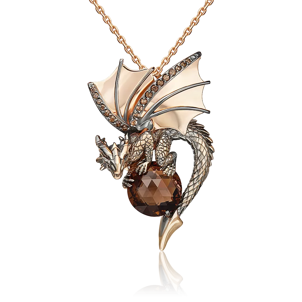 Подвеска «Дракон» из красного золота с цитрином и кварцем дымчатым 03-3489-00-226-1110