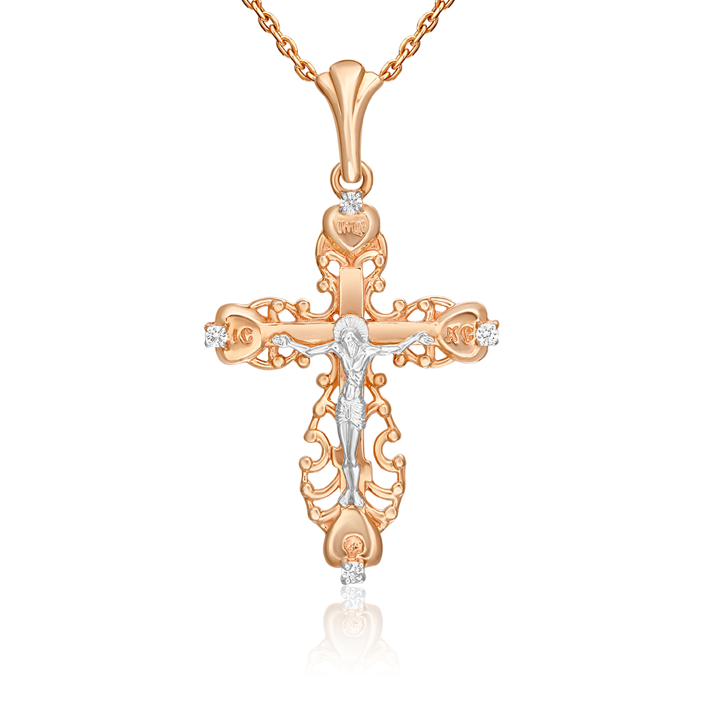 Православный крест из комбинированного золота с фианитами 03-0984-00-401-1111-03