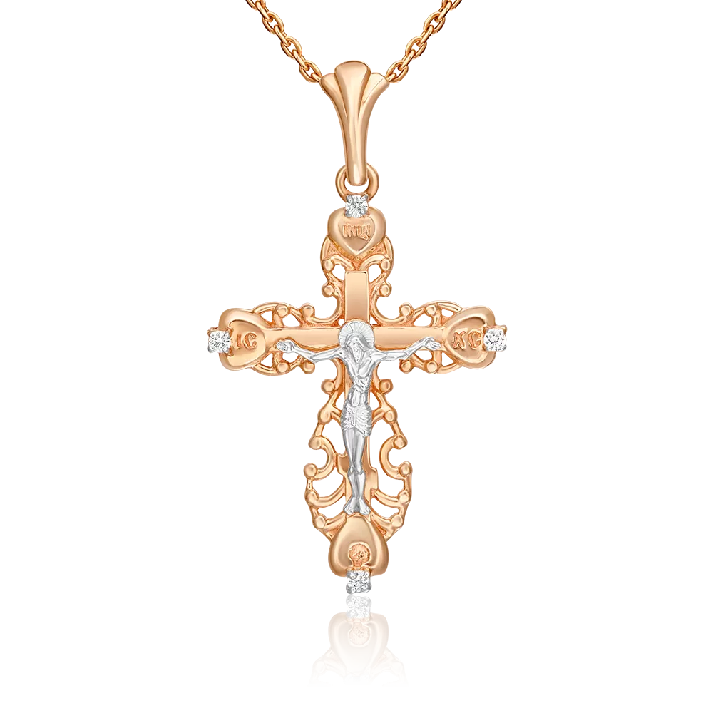 Православный крест из комбинированного золота с фианитами 03-0984-00-401-1111-03