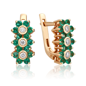 Серьги с английским замком из красного золота с бриллиантами и изумрудами 02-0387-00-106-1110-30