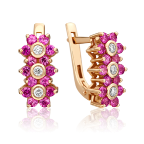Серьги с английским замком из красного золота с бриллиантами и рубинами 02-0387-00-107-1110-30