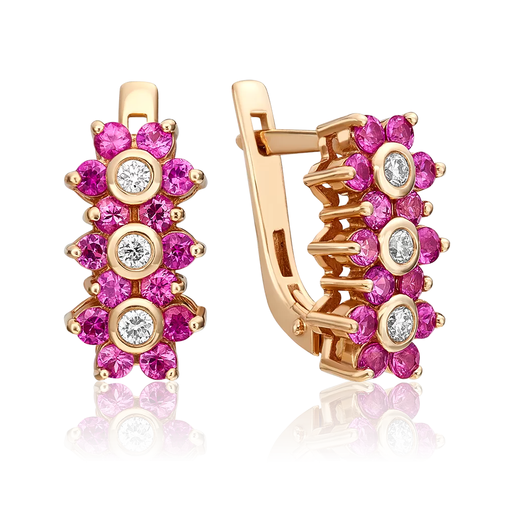 Серьги с английским замком из красного золота с бриллиантами и рубинами 02-0387-00-107-1110-30