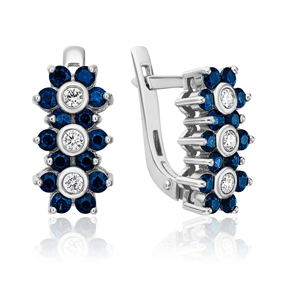 Серьги с английским замком из белого золота с бриллиантами и сапфирами 02-0388-00-105-1120-30
