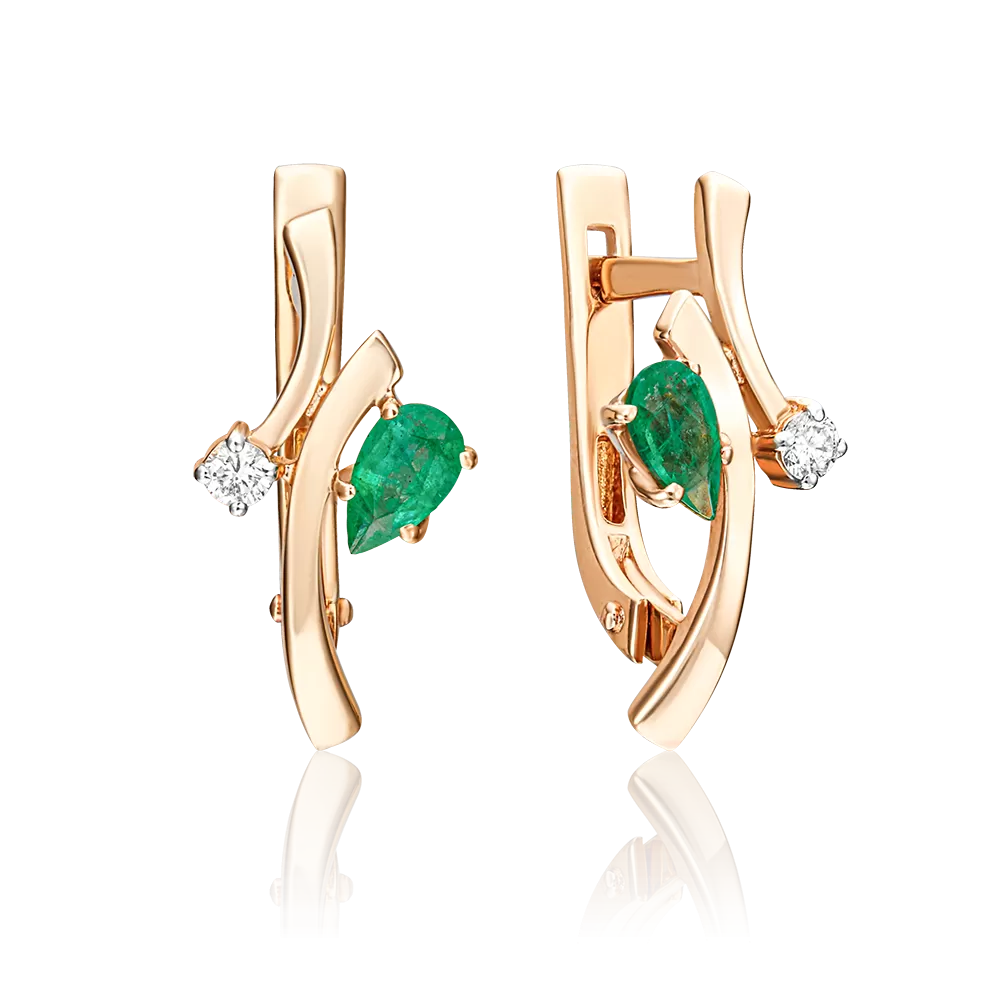 Серьги с английским замком из красного золота с изумрудом и бриллиантом 02-0389-00-106-1110-30