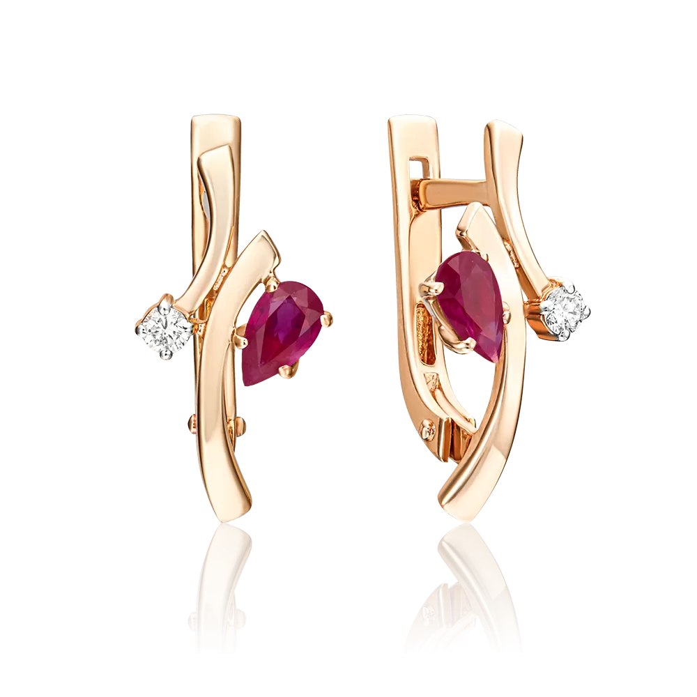 Серьги с английским замком из красного золота с рубином и бриллиантом 02-0389-00-107-1110-30