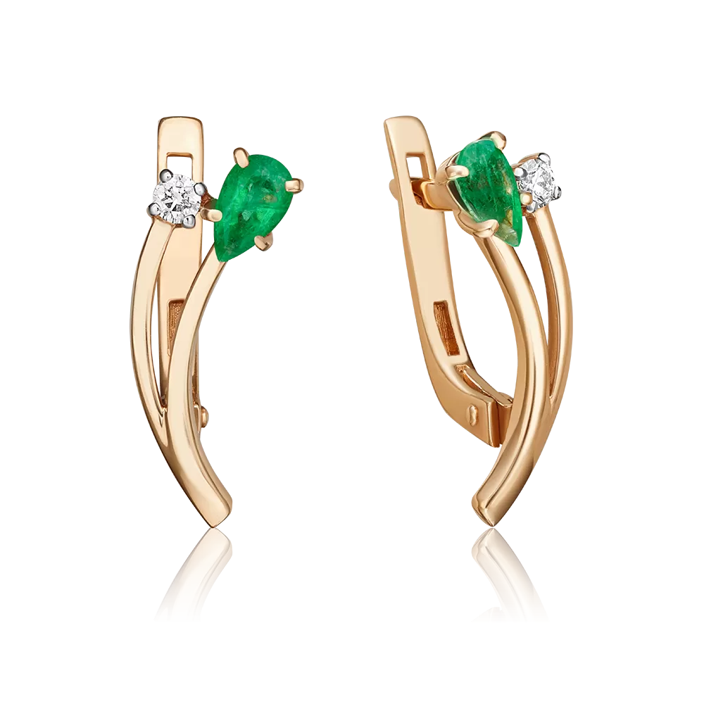 Серьги с английским замком из красного золота с изумрудом и бриллиантом 02-0393-00-106-1110-30