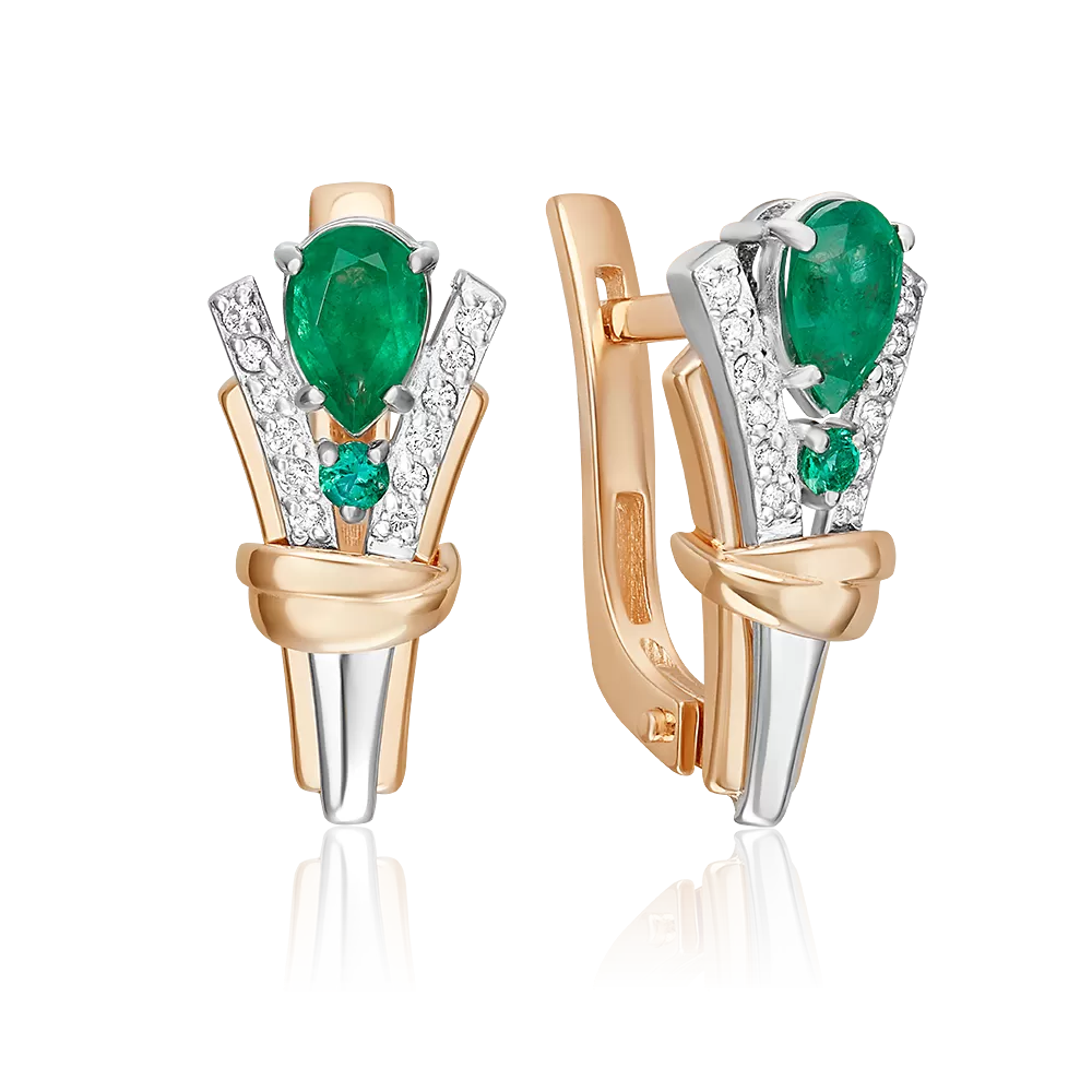 Серьги с английским замком из комбинированного золота с изумрудами и бриллиантами 02-5218-00-106-1111