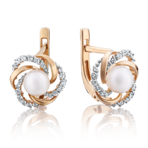 Серьги с английским замком из красного золота с жемчугом культивированным и фианитами 02-3251-00-302-1110-24