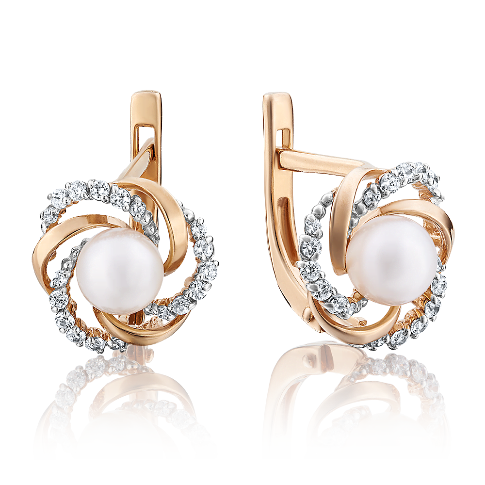 Серьги с английским замком из красного золота с жемчугом культивированным и фианитами 02-3251-00-302-1110-24