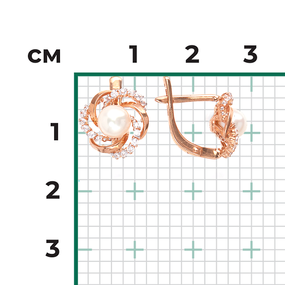Серьги с английским замком из красного золота с жемчугом культивированным и фианитами 02-3251-00-302-1110-24