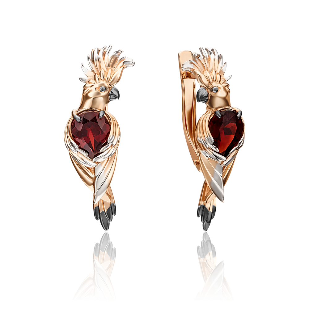 Серьги «Попугаи» с английским замком из красного золота с гранатом 02-4534-00-204-1110-57