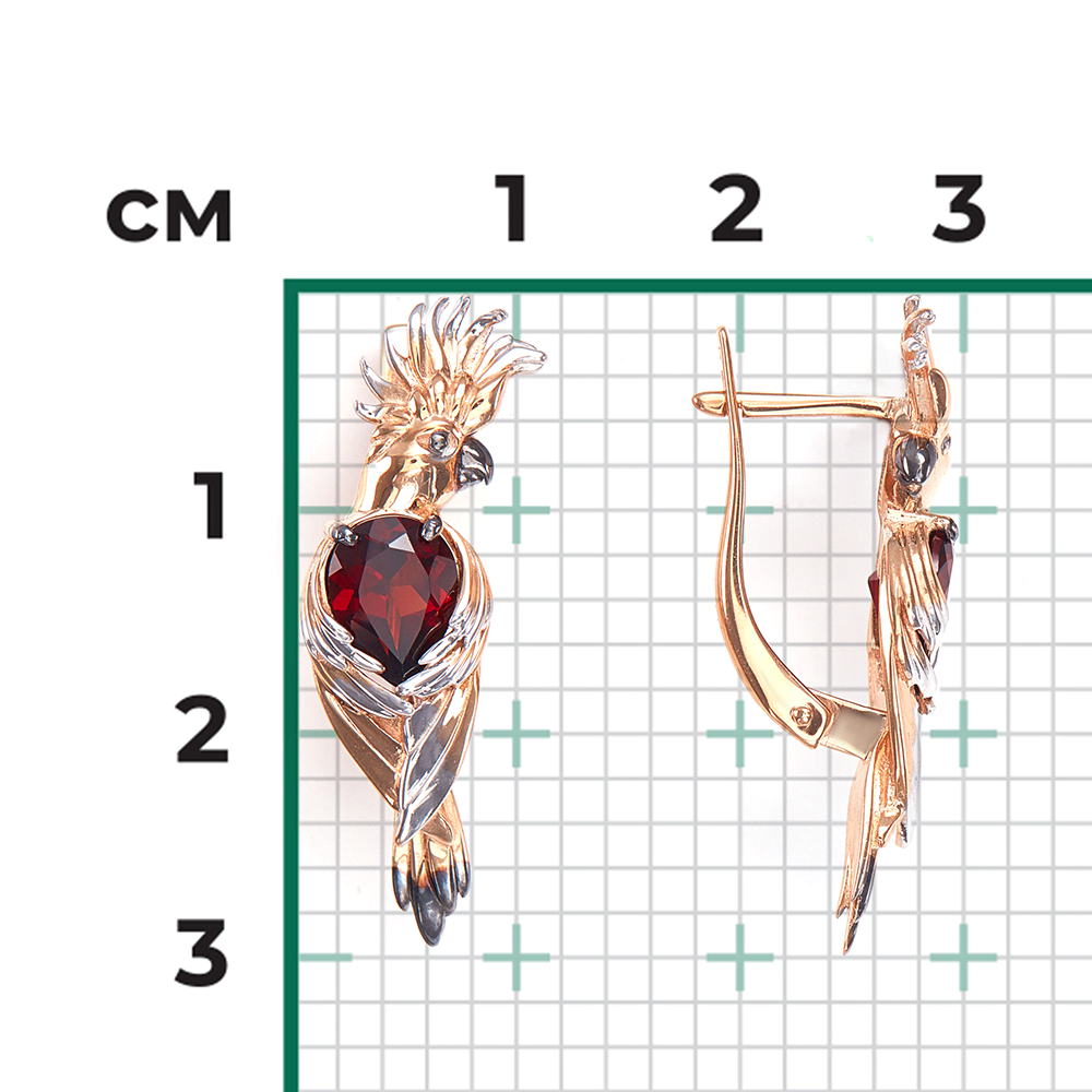 Серьги «Попугаи» с английским замком из красного золота с гранатом 02-4534-00-204-1110-57