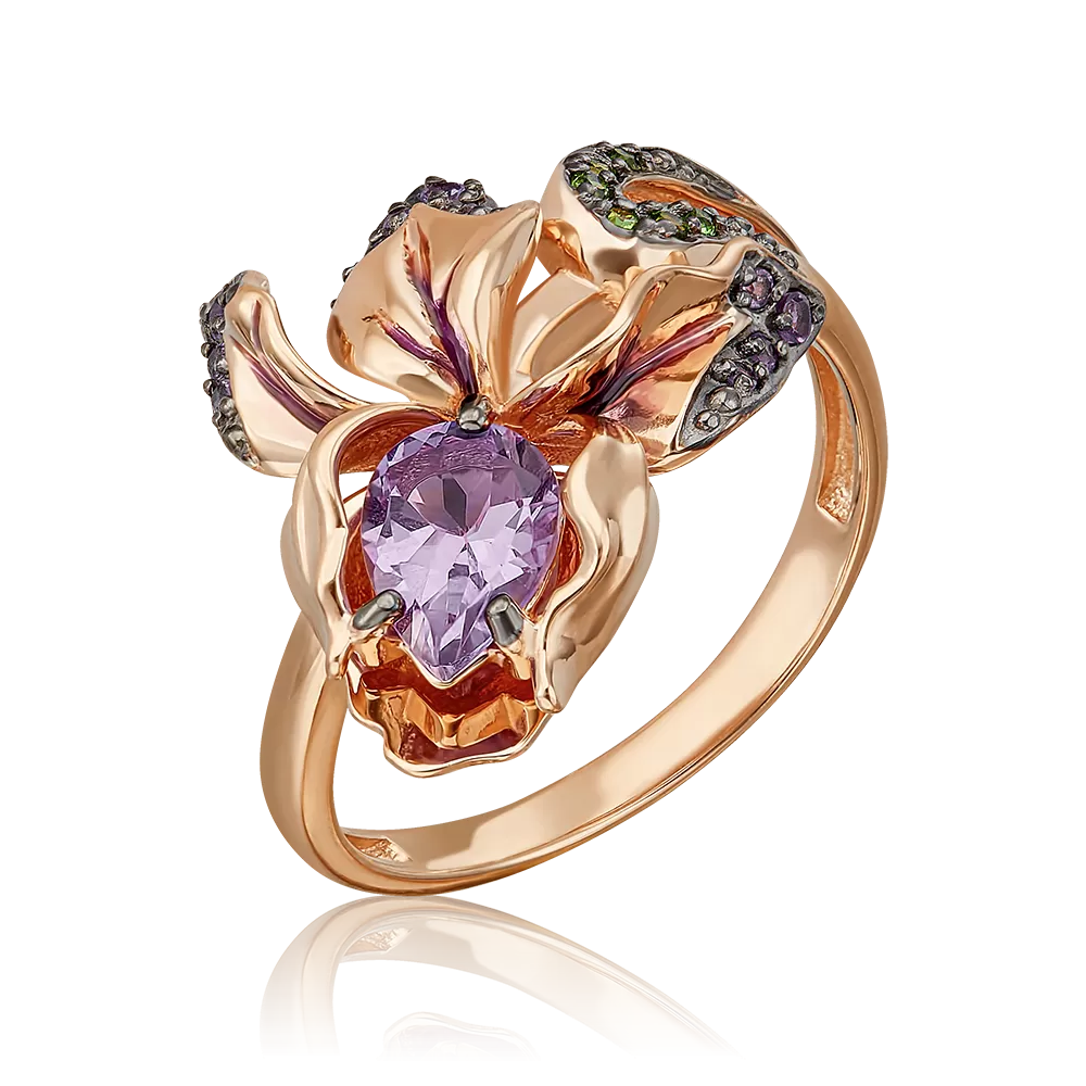 Кольцо «Ирис» из красного золота с аметистами, хромдиопсидами и эмалью 01-5427-00-709-1110-57